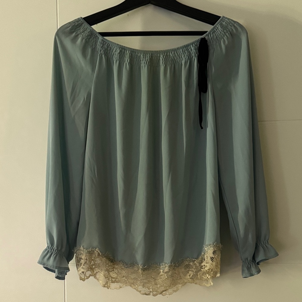 Soft Blue Lace-Hem Peasant Blouse